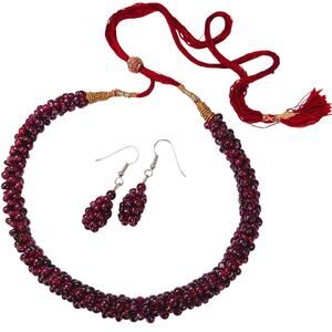 Vintage Garnet Bead Necklace Earrings Set Cluster Rope Adjustable Cord Choker